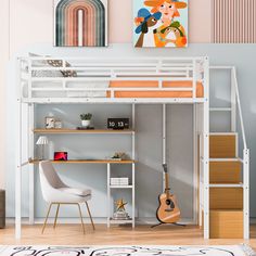 a white loft bed with stairs and desk in the corner, next to a painting on the wall