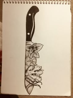 a drawing of a knife with flowers on it