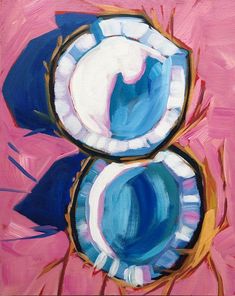 an abstract painting with blue and white circles on pink background, in the center is a circular object that appears to have been painted