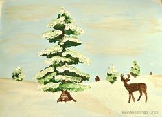 a painting of a deer standing in the snow next to a tree