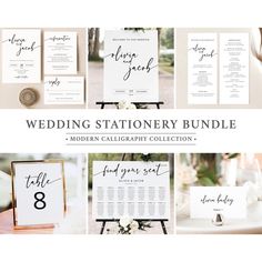 the wedding stationery bundle is displayed on top of a table with white flowers and greenery