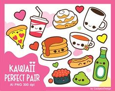 kawait perfect pair sticker sheet with various foods and drinks on the side