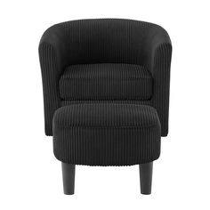 a black chair with a footstool sitting in front of it