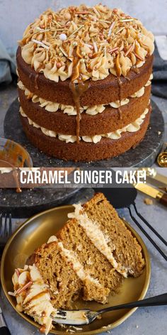 there is a cake that has been cut and served on a plate with the words caramel ginger cake above it