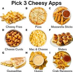 the different types of cheese appetizers are shown in this chart, which includes pizzas, fries, and quesadillas