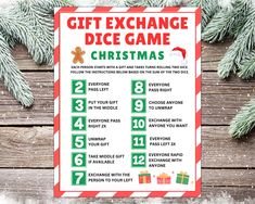 a printable christmas gift exchange game is displayed on a wooden table with pine branches