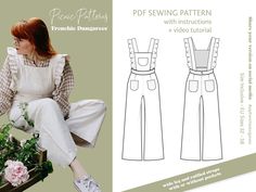 "\"Frenchie Dungarees\" by Picnic Patterns: Dungarees Pinafore Bib Pants    Women's PDF Sewing Pattern in EU sizes 32 -58 Designed as a romantic staple in the wardrobe, the \"Frenchie Dungarees\" come with high waist and wide leg. Sew them with pockets and ruffles or use this pattern to create you favorite lightweight summer dungarees. The pattern allows you to create many variations of the garment and is beginner friendly. Combine it with tops with classy balloon puff sleeves and a simple neckline. FEATURES: - Free video tutorial here: https://youtu.be/fzN8n9gcRzs - Skill level: Easy with a few intermediate details (for example sewing in a zipper) - Pattern tested for complete accuracy - Seam allowances included - Includes US Letter, A4, and A0  - Detailed and carefully prepared instructi Pinafore Pattern, English Cottage Style, English Cottage, Beauty And Fashion, Pdf Sewing Patterns, Dungarees, Cottage Style, Sewing Pattern, Puff Sleeve