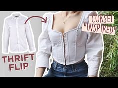 a woman wearing a white shirt and jeans with the words corset inspired on it