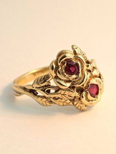 Double Rose and Ruby Ring 14K Gold Flower Ring Rose Ring Flower Jewelry Rose Jewelry Ring Flower Blo Flower Ruby Rings, Elegant Red Flower Ring With Gemstone, Gold Ruby Flower Ring, Ornate Gold Rings With Ruby, Red Gemstone Flower Ring, Gold And Ruby Ring, Rose Ring Flower, Double Rose, Dragon Logo