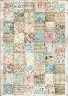 an old fashioned quilt with many different colors and patterns on the front, along with words written