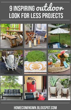 there are many pictures of outdoor furniture and decor on this page, including an umbrella