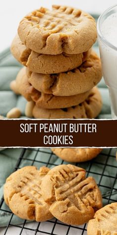 soft peanut butter cookies stacked on top of each other next to a glass of milk