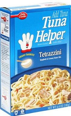 a box of tuna helper pasta on a white background