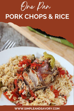 one pan pork chops and rice on a white plate