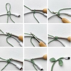 the steps to make a crochet flower with yarn and wood handles are shown