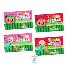 three thank cards for children with cartoon characters on the front and back of each card