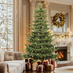 a living room with a christmas tree and presents