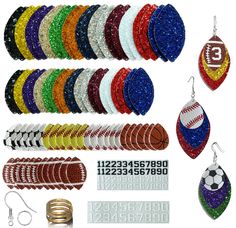 PRICES MAY VARY. Includes: 24 large glitter faux leather pieces, 24 small glitter faux leather pieces, 12 footballs, 6 baseballs, 6 softballs, 6 basketballs, and 6 soccer one-layer faux leather earrings. and 1 jump ring Customize Number: match your favorite team's colors. Add numbers to the leather earrings for personalization number of players,team number,wear your team number Diy Fun:12 colors of Glitter Faux Leathers and 5 types of sports balls,Whether you prefer single-layer, double-layer, o Earrings Supplies, Faux Leather Earring, Mom Earrings, Types Of Sports, Leather Fits, Women Soccer, Charms Earrings, Leather Earring, Jewelry Making Kits