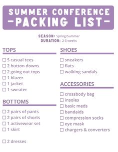 the summer conference packing list is shown in purple and white, with text on it