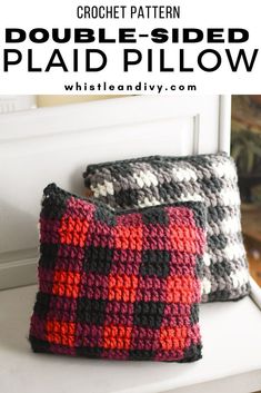 two crocheted pillows sitting on top of a white bench with text overlay