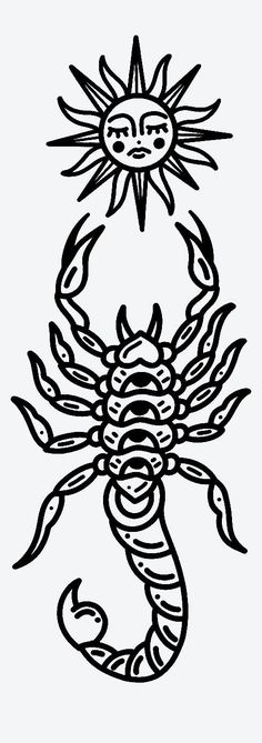 a black and white drawing of a scorpion with the sun in it's center