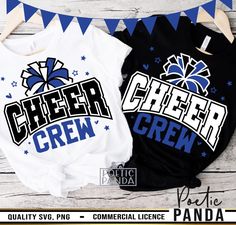 two shirts that say cheer crew and the other one has a bow on it's head