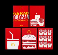 three red and white cards with mcdonald's logos on them, one has a drink and the other is a hamburger