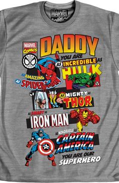 the avengers family t - shirt is shown in grey and features iron man, captain america,