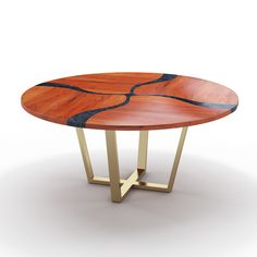 a wooden table with metal legs and an oval design