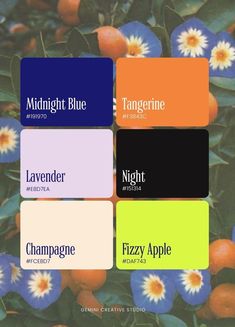 the color scheme for midnight blue, lavender, tangerine, and orange is shown