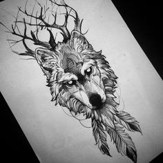 a drawing of a wolf with feathers on its head