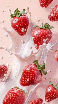 strawberries falling into milk with splashing on them