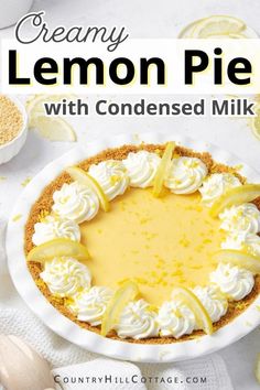 a lemon pie with whipped cream and sliced lemons on the side in front of it