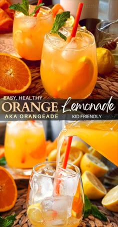 orange lemonade is being poured into glasses with straws and garnishes