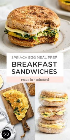 breakfast sandwiches with spinach egg and cheese on them are shown in this collage