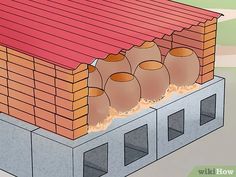 a brick house with three clay pots on the roof