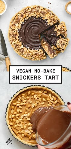 chocolate peanut butter tart and pouring chocolate ganache over peanut caramel. Vegan Snickers, Patisserie Vegan, Vegan Baking Recipes, Vegan Pie, Vegan Bakery, Desserts Vegan, Vegan Dessert Recipes, Vegan Treats