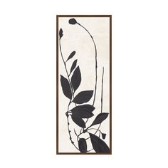 a black and white painting with leaves on the bottom, in a brown frame against a white background