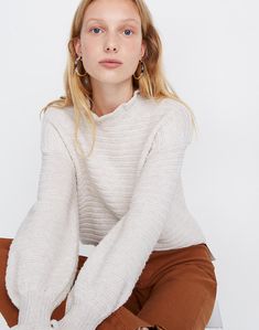 Women's Ruffle-Neck Pullover Sweater | Madewell Night Tops, Textured Sweater, Yarn Sizes, Madewell Sweaters, Wool Blend Sweater, Sweater Sleeves, Turtleneck Sweater, Pullover Sweater