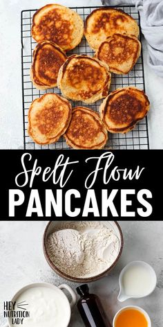 pancakes cooling on a wire rack with butter and syrup in bowls next to the pancake