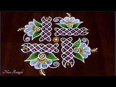 an artistic design with white flowers and green leaves on a brown tablecloth, done in acrylic paint