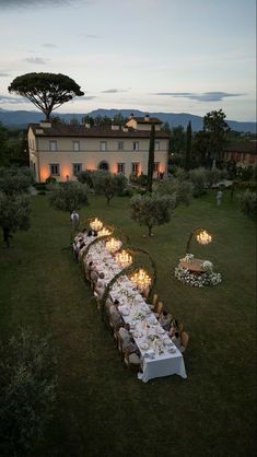 a long table is set up in the middle of an olive grove with candles on it