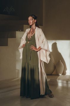 Our newest Linen Kimono, has become already a bestseller in our show room and now available for you. This stunning outfit features a linen kimono and a belt that can be worn alone or as an extra layer with most of our dresses. With the help of the belt you can turn this kimono cardigan into a kimono dress. Crafted in B Sage Color Dress, Look Kimono, Green Boho Dress, Elegant Kimono, Character Clothes, Multiway Dress, Adjustable Dress, Green Wedding Dresses, Linen Kimono