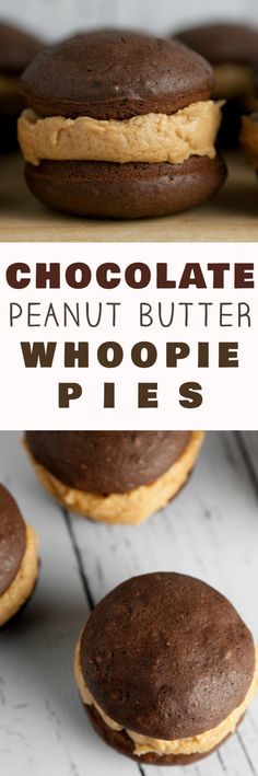 chocolate peanut butter whoopie pies on a white wooden table with text overlay