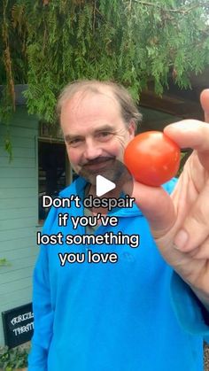 a man holding a tomato in his hand with the caption don't despair if you've lost something you love