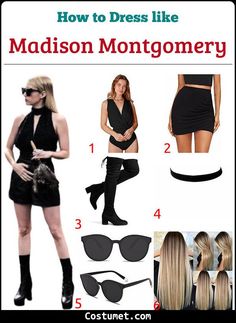 a woman in black dress and high heeled boots with text overlay that reads, how to dress like madison montgomery