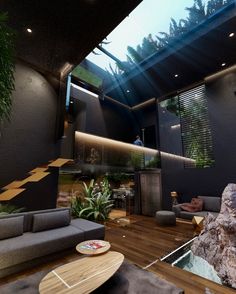 a living room filled with furniture and a waterfall