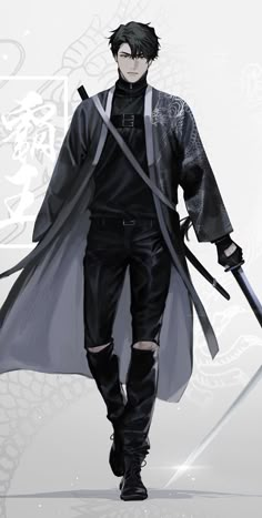 an anime character is walking with two swords in one hand and wearing a black outfit