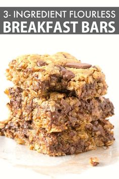 three ingredient flourless breakfast bars stacked on top of each other with text overlay