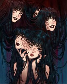 three women with long black hair and dark makeup